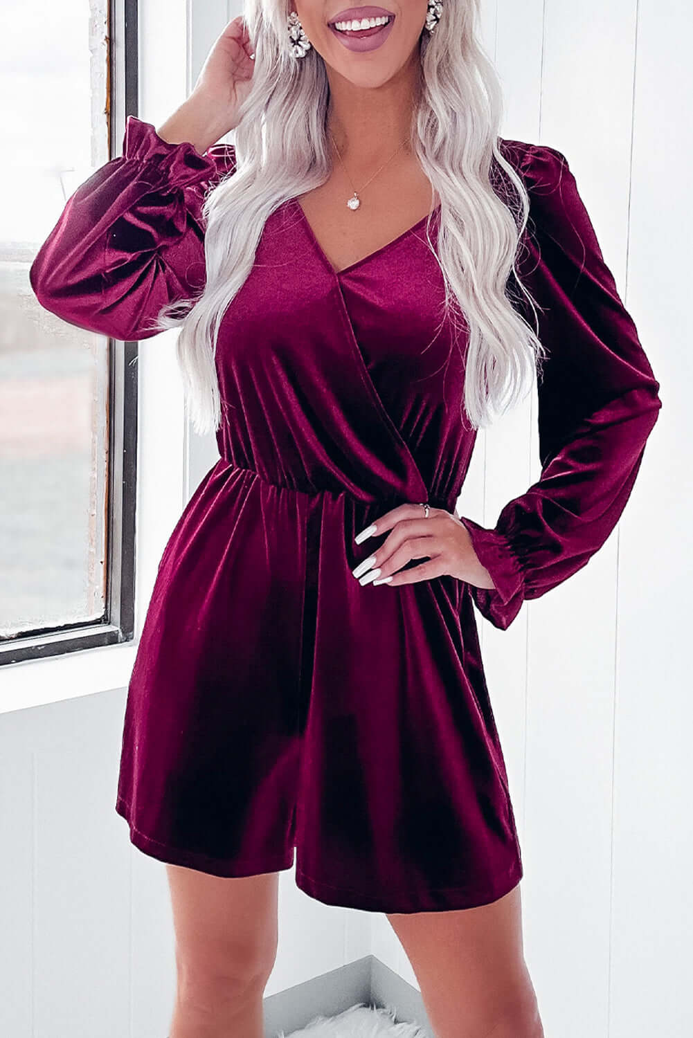 Red Dahlia Velvet Surplice Neck Ruffled Sleeve High Waist Romper Bottoms/Jumpsuits & Rompers Luxurious Weddings