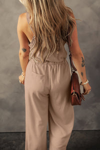 Pale Khaki Knotted Straps Button Textured Drawstring Jumpsuit Luxurious Weddings