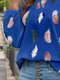 Feather Print Notched Balloon Sleeve Top BLOUSES Luxurious Weddings