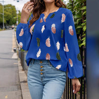 Feather Print Notched Balloon Sleeve Top BLOUSES Luxurious Weddings