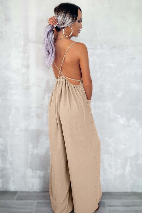 Apricot Spaghetti Straps Waist Tie Wide Leg Jumpsuit with Pockets Bottoms/Jumpsuits & Rompers Luxurious Weddings