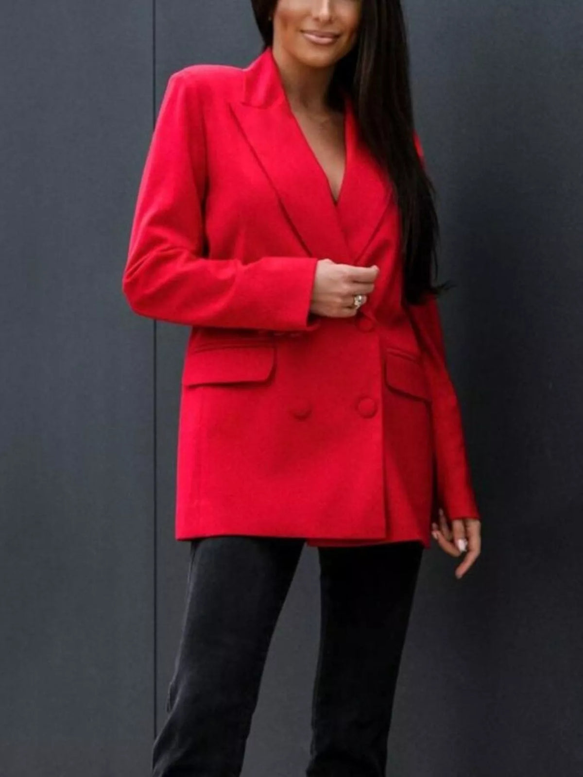 Red lapel collar long sleeve blazer styled for modern weddings and formal occasions, featuring a double-breasted look.