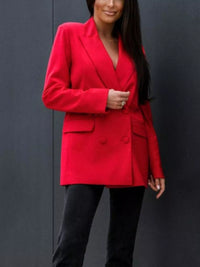 Red lapel collar long sleeve blazer styled for modern weddings and formal occasions, featuring a double-breasted look.