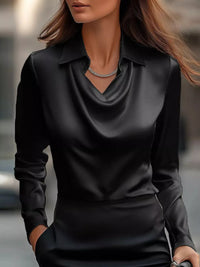 Ruched Long Sleeve Drape Collar Blouse in black with elegant draped collar and long sleeves.