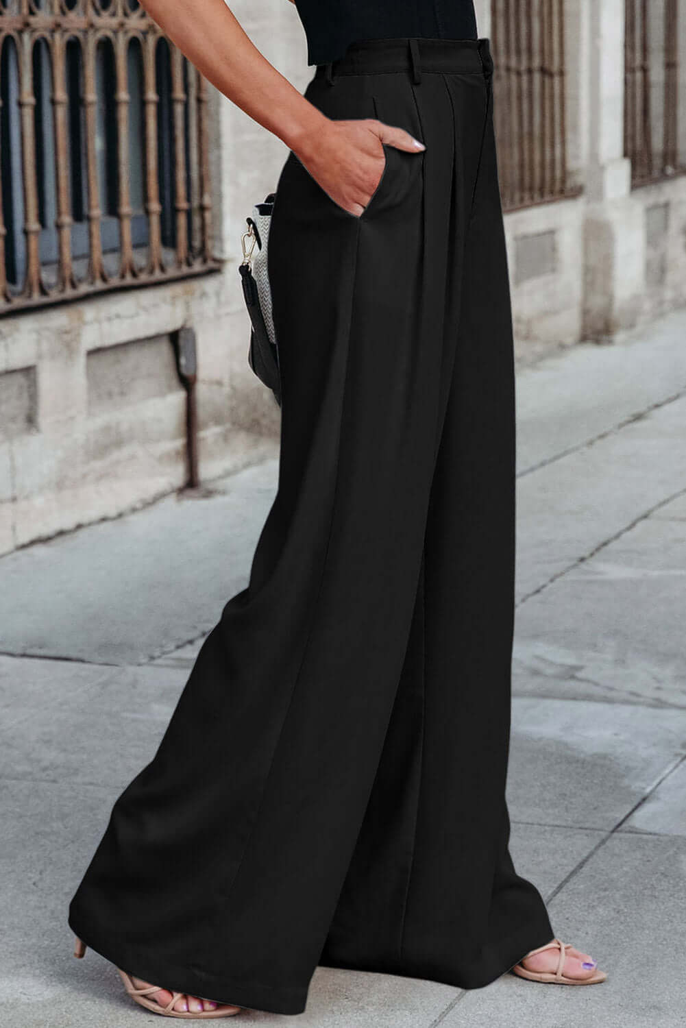 Black Pleated Elegant Wide Leg Pants Bottoms/Pants & Culotte Luxurious Weddings