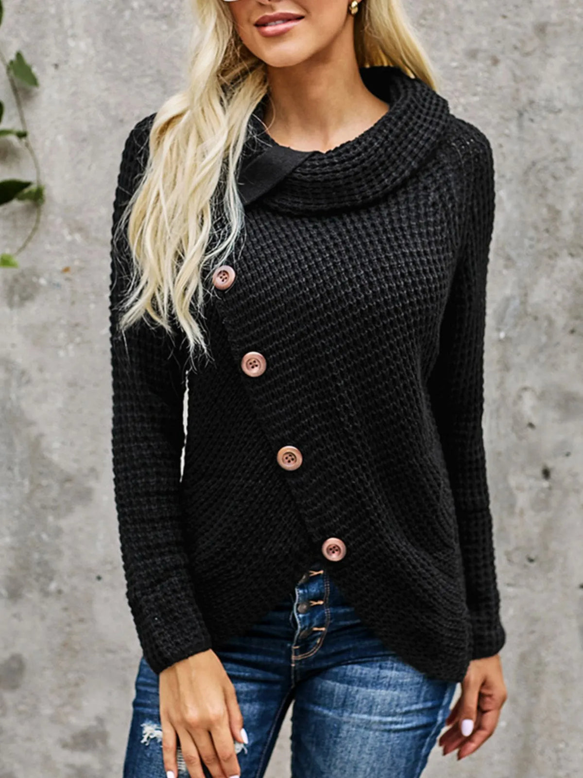 Plus size black texture turtleneck long sleeve sweater with decorative buttons, perfect for casual wear.