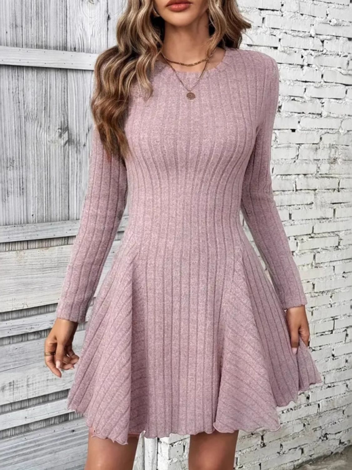 Ribbed Round Neck Long Sleeve Mini Dress Mini Dress Luxurious Weddings