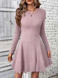 Ribbed Round Neck Long Sleeve Mini Dress Mini Dress Luxurious Weddings