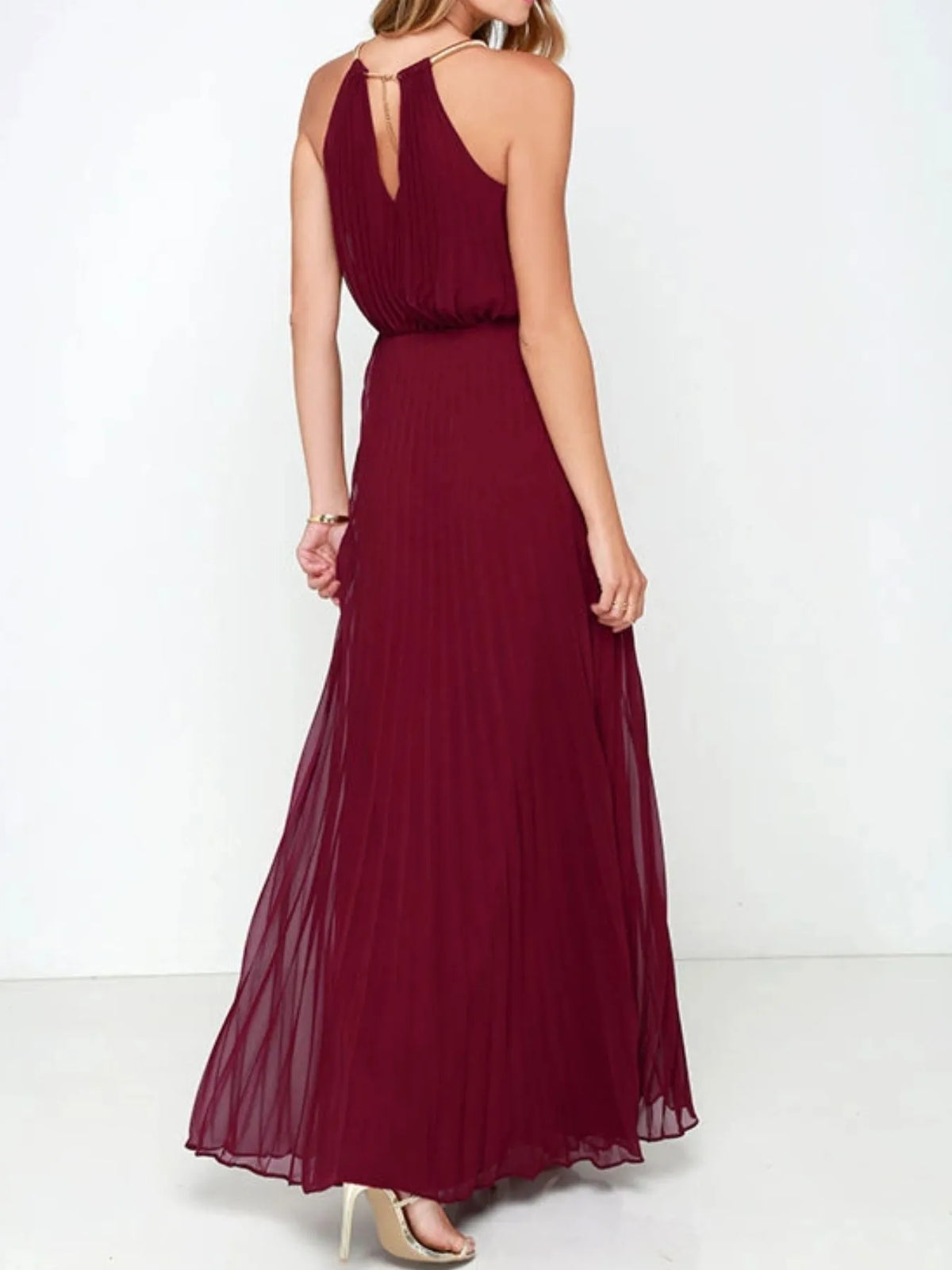 Back view of a burgundy pleated sleeveless maxi tank dress, perfect for affordable formal wear in NZ.