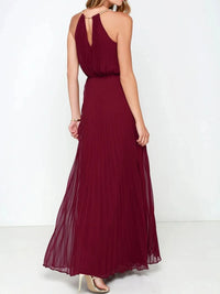 Back view of a burgundy pleated sleeveless maxi tank dress, perfect for affordable formal wear in NZ.
