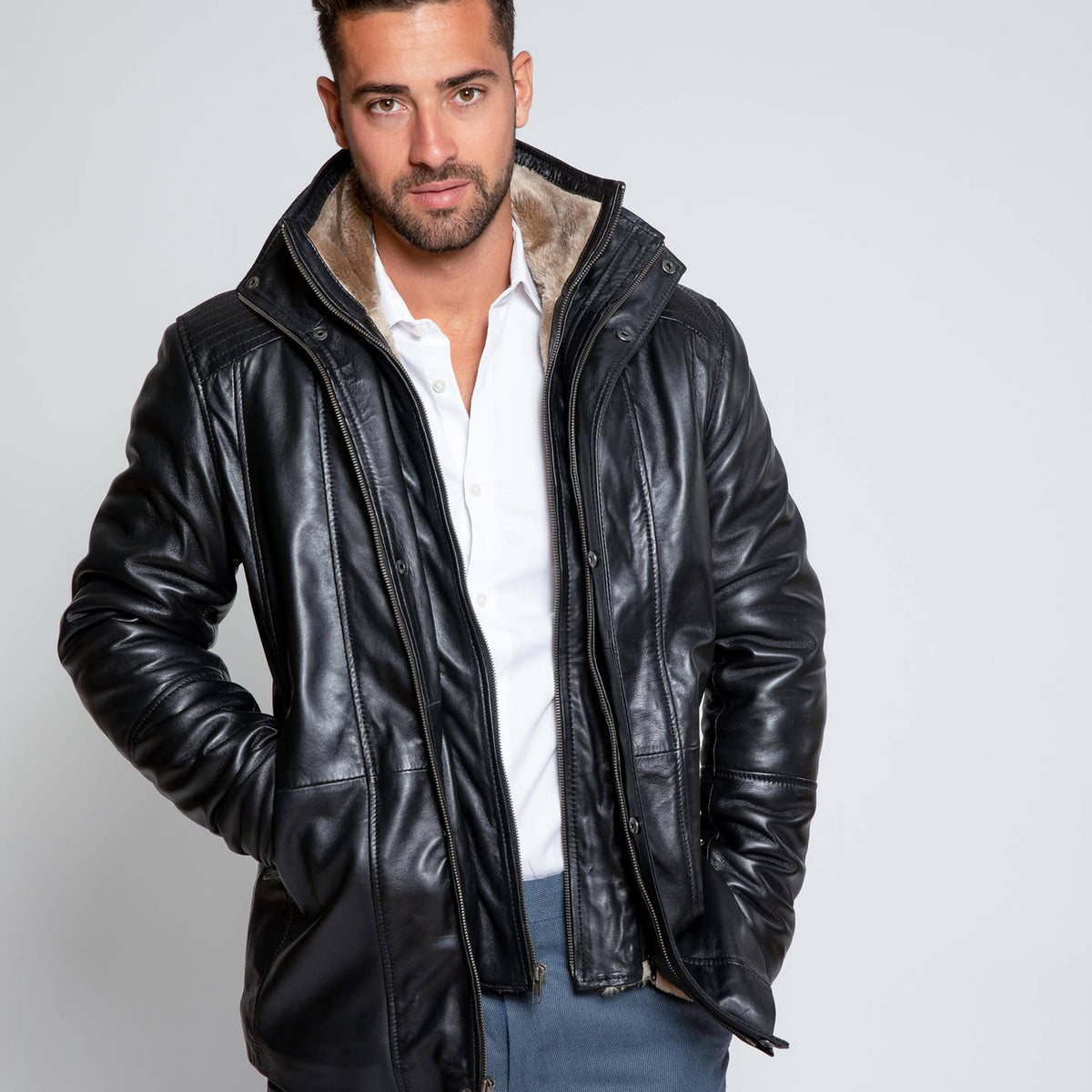 Men's Tiberius Premium Lambskin Leather Coat with Fur OUTERWEAR Luxurious Weddings