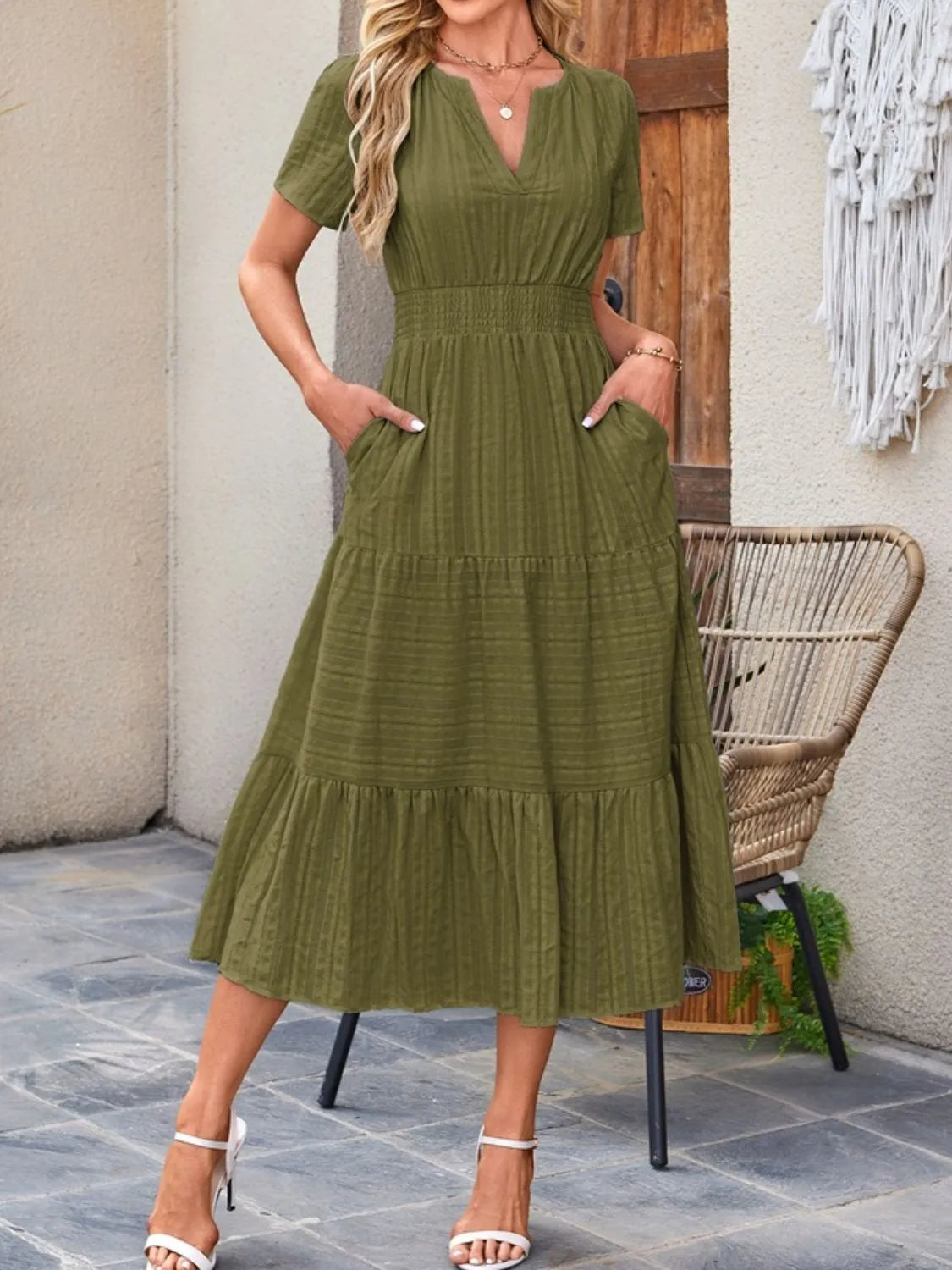 Tiered Notched Short Sleeve Dress summer dress Luxurious Weddings