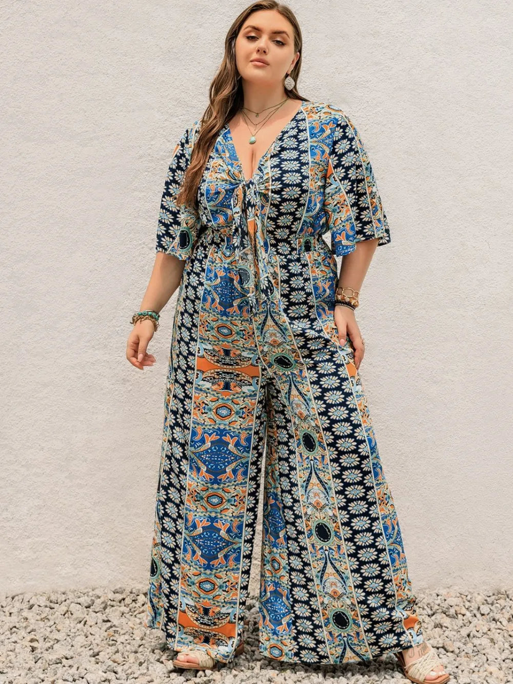 Plus Size Printed Half Sleeve Wide Leg Jumpsuit Plus size jumpsuit Luxurious Weddings