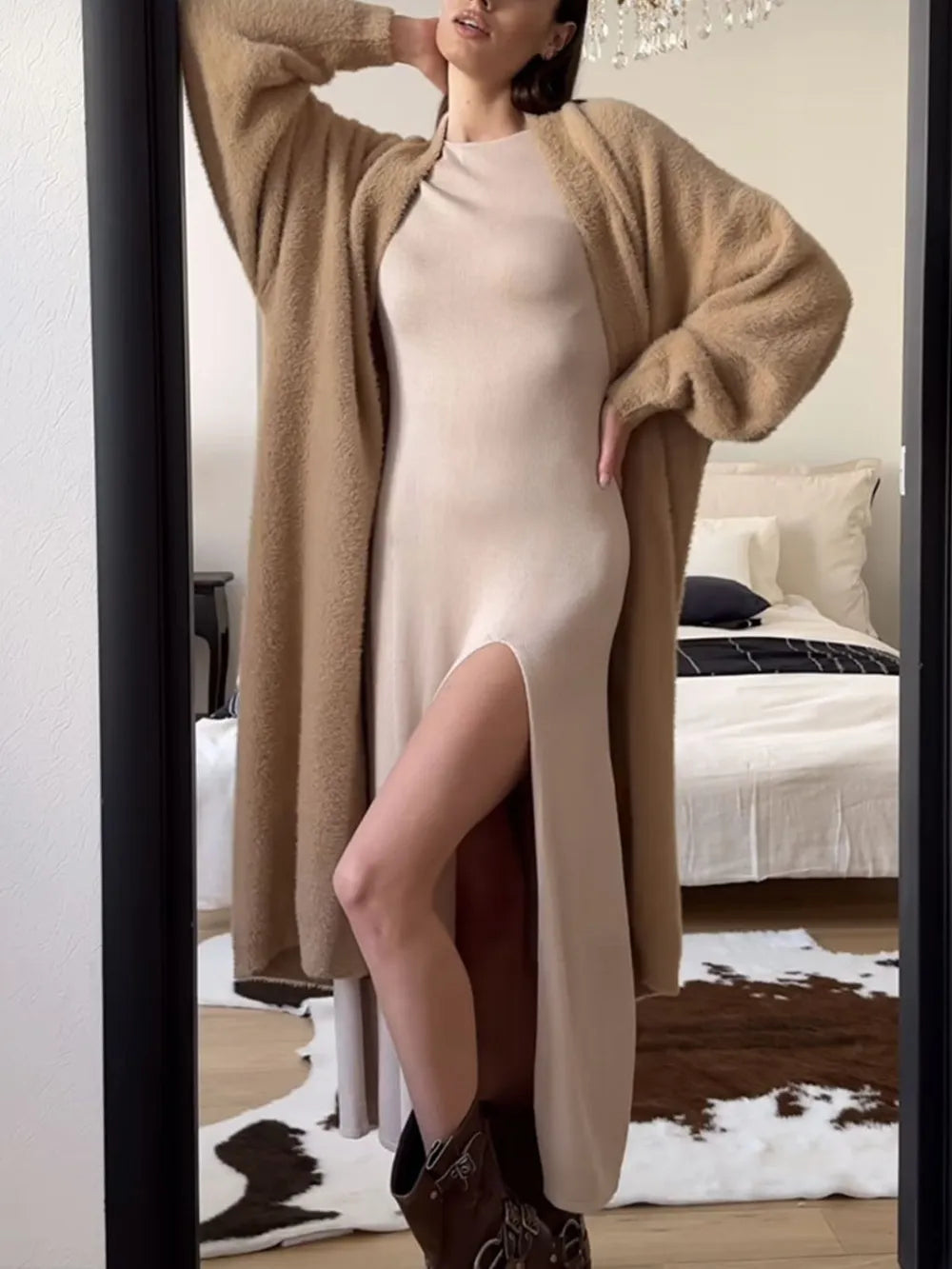 Fuzzy Open Front Solid Color Cardigan Cardigans Luxurious Weddings