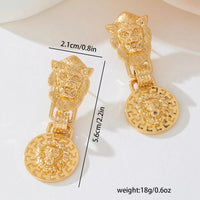 18K Gold-Plated Lion Head Medallion Drop Earrings with detailed lion design and measurement details.