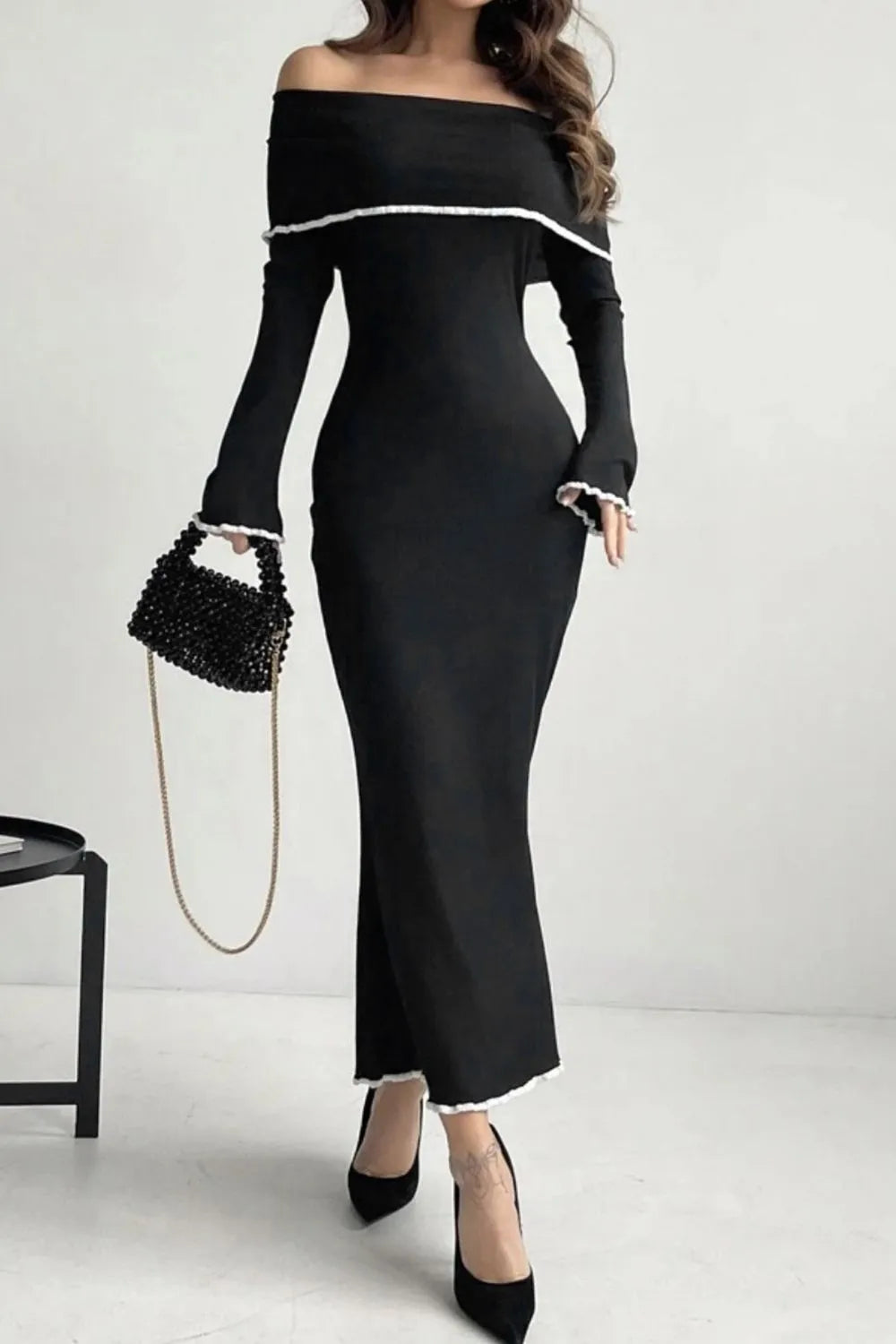 Contrast Trim Off-Shoulder Long Sleeve Maxi Sweater Dress Sweater Dress Luxurious Weddings