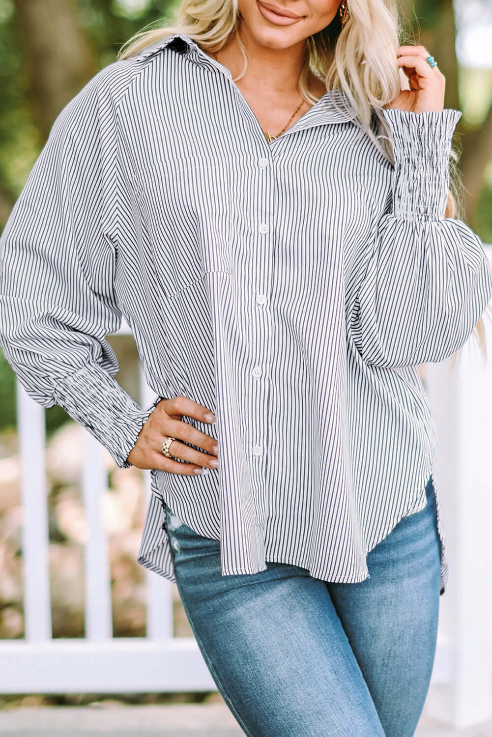 Smocked Cuffed Striped Boyfriend Shirt with Pocket Tops/Blouses & Shirts Luxurious Weddings