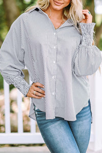 Smocked Cuffed Striped Boyfriend Shirt with Pocket Tops/Blouses & Shirts Luxurious Weddings