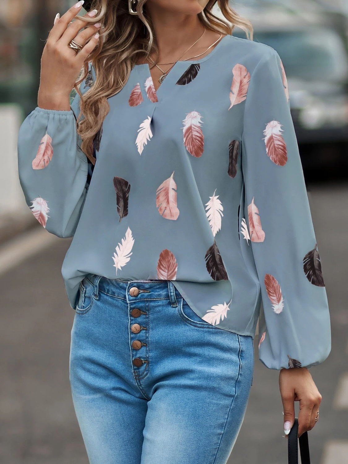 Feather Print Notched Balloon Sleeve Top BLOUSES Luxurious Weddings