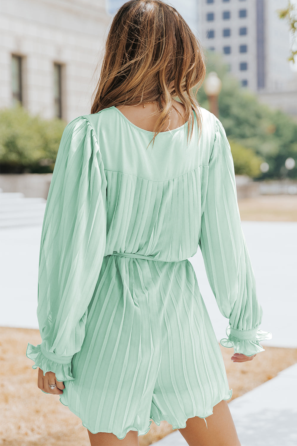 Green Pleated Ruffled Tie Waist Buttons V Neck Romper Bottoms/Jumpsuits & Rompers Luxurious Weddings