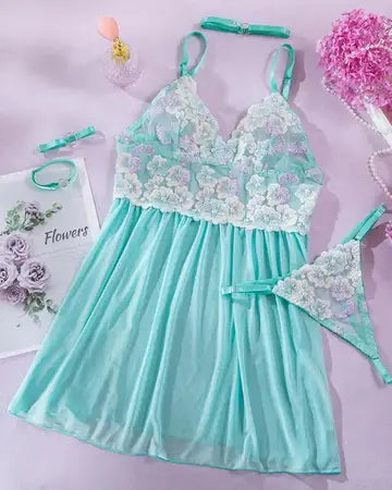 Floral Pattern Sheer Mesh Patch Babydoll Women's Clothing Luxurious Weddings