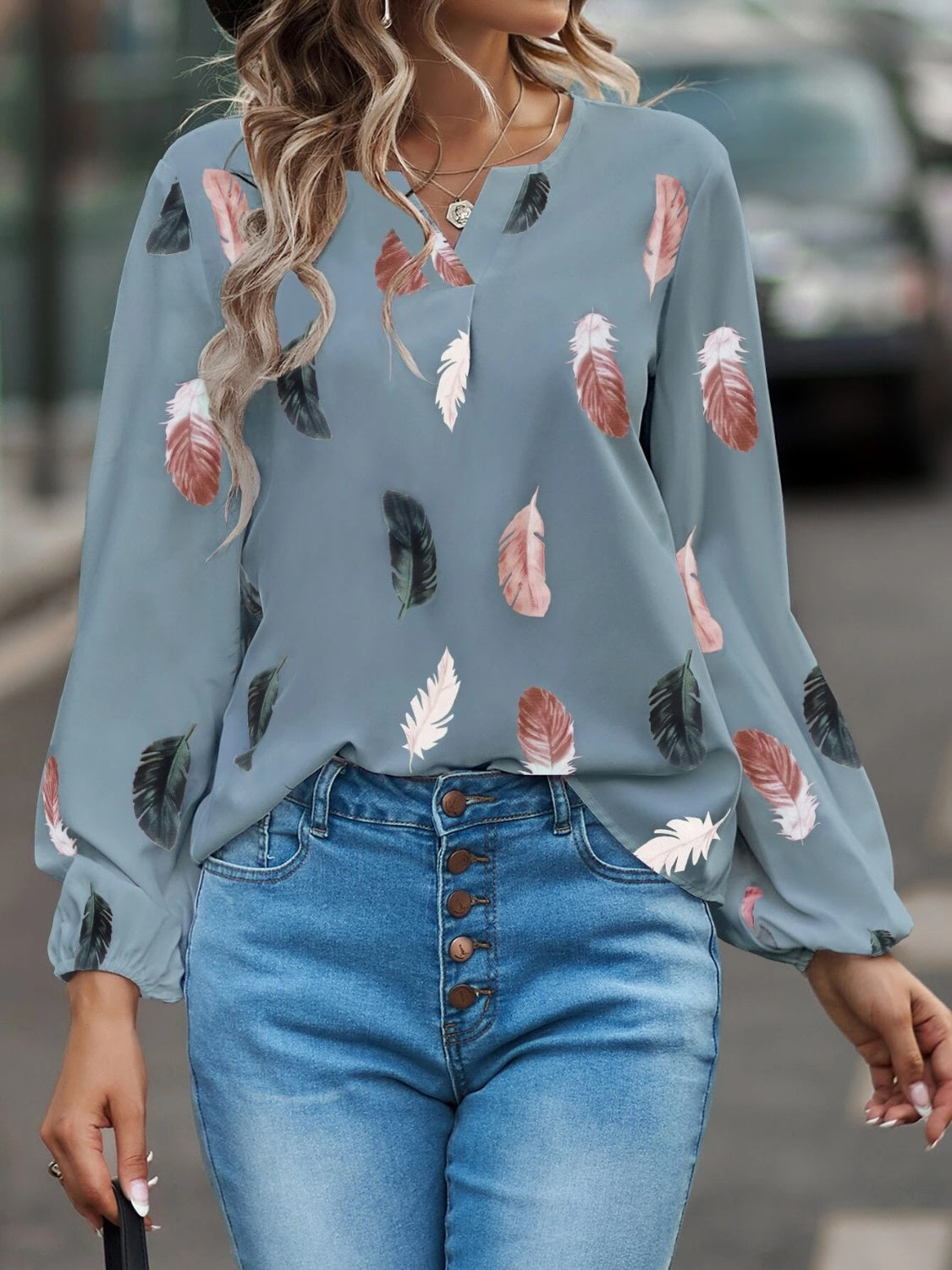 Feather Print Notched Balloon Sleeve Top BLOUSES Luxurious Weddings