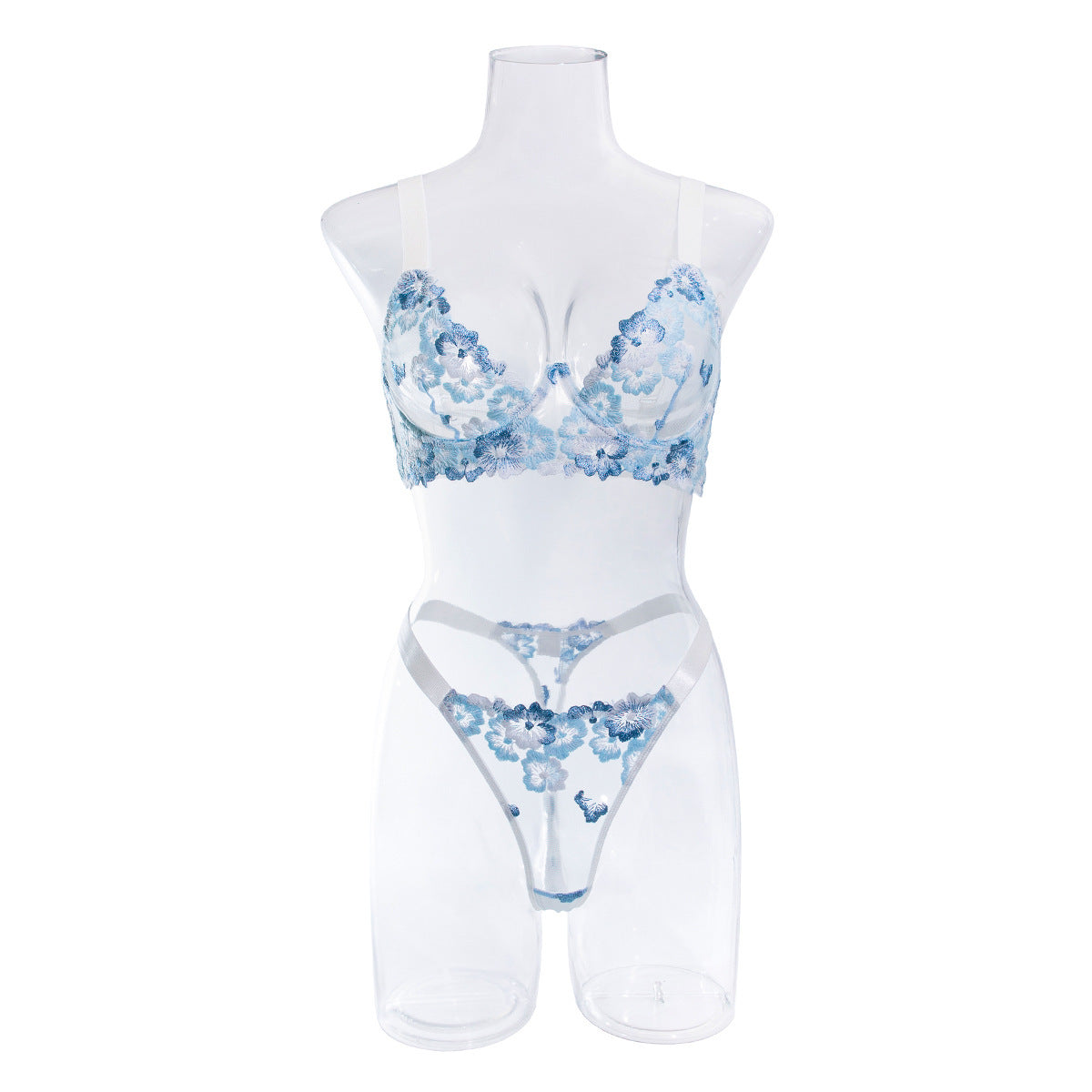 a mannequin wearing a blue and white bra and panties