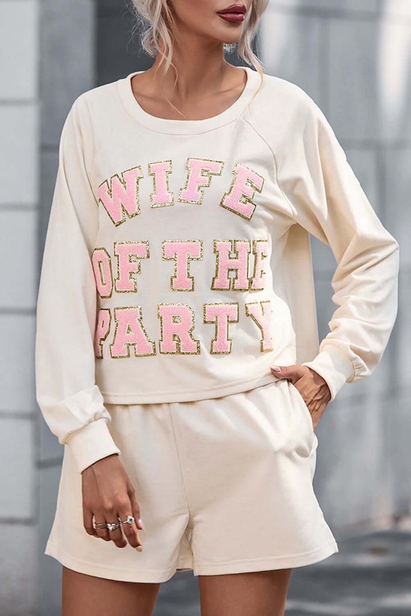 WIFE OF THE PARTY Round Neck Top and Shorts Set Sleepwear Luxurious Weddings
