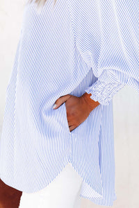 Sky Blue Smocked Cuffed Striped Boyfriend Shirt with Pocket Tops/Blouses & Shirts Luxurious Weddings