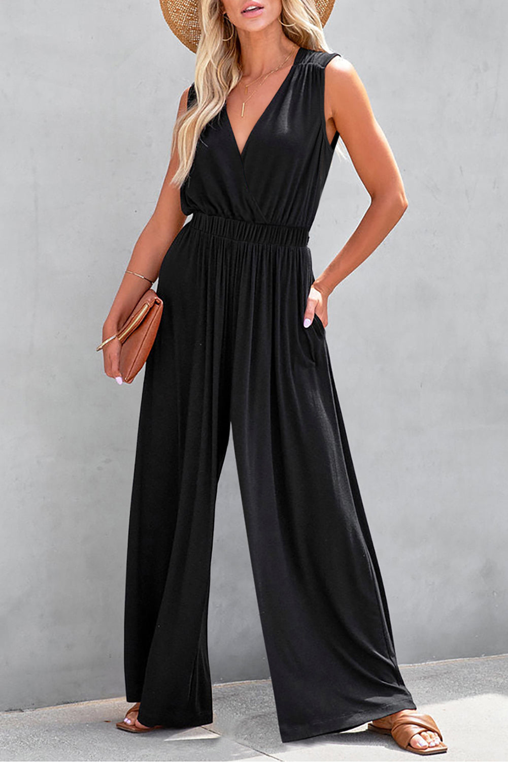 Black Deep V Pleated Crisscross Wide Leg Backless Jumpsuit Luxurious Weddings