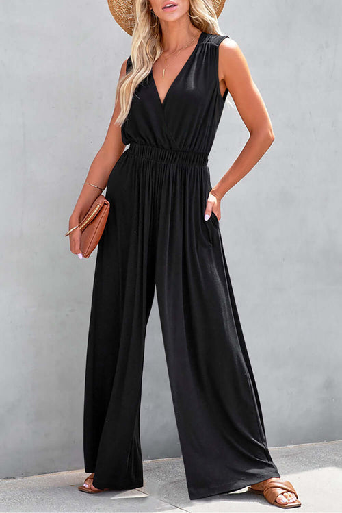 Black Deep V Pleated Crisscross Wide Leg Backless Jumpsuit Bottoms/Jumpsuits & Rompers Luxurious Weddings