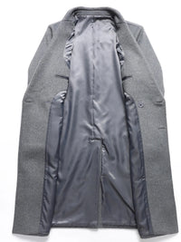 Interior view of a men's plus size double-breasted wool overcoat showcasing sleek lining and high-quality construction.