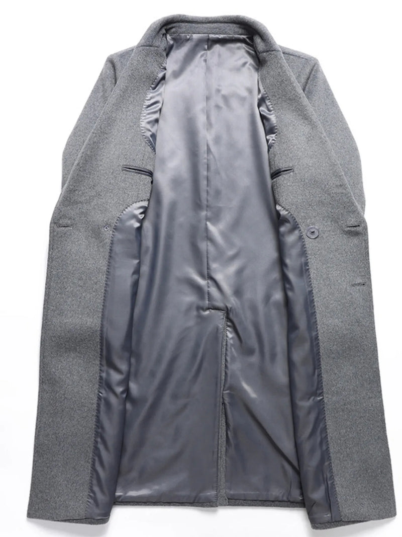 Interior view of a men's plus size double-breasted wool overcoat showcasing sleek lining and high-quality construction.