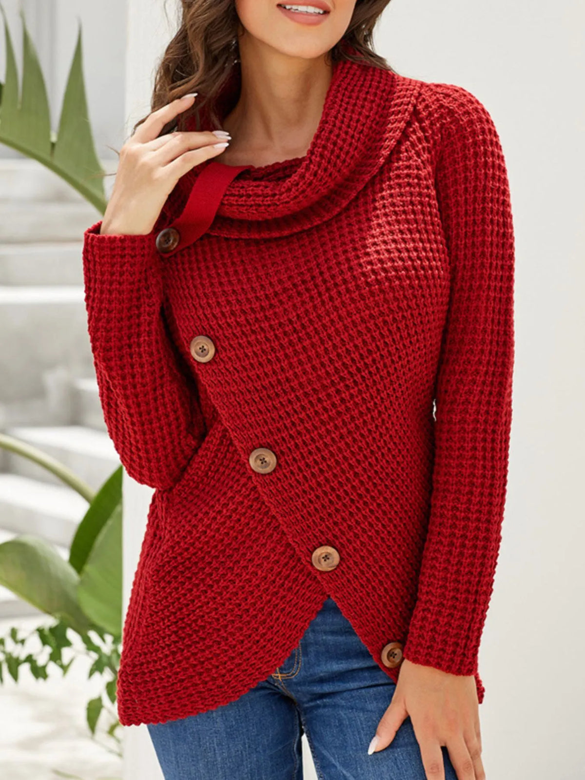 Full size red textured turtleneck long sleeve sweater with decorative buttons, perfect for plus size fashion.