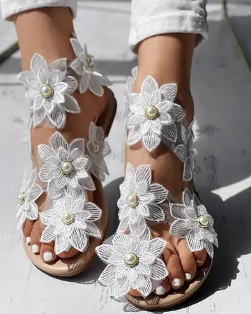 Toe Ring Flower Design Flat Sandals Shoes Luxurious Weddings