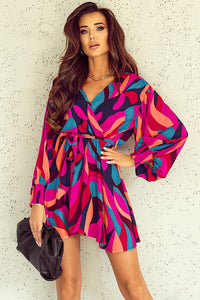 Fiery Red Abstract Printed Belted Puff Sleeve Mini Dress Dresses/Mini Dresses Luxurious Weddings