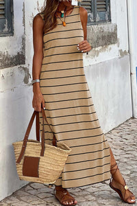 Khaki Stripe Print Open Back Sleeveless Maxi Dress with Slits Dresses/Maxi Dresses Luxurious Weddings