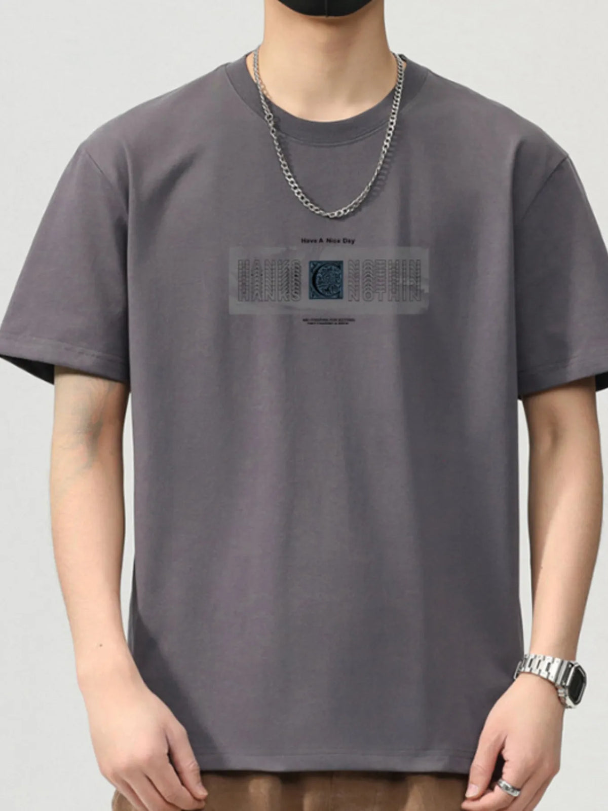 Men's plus size gray short sleeve T-shirt featuring a unique graphic design and comfortable fit.