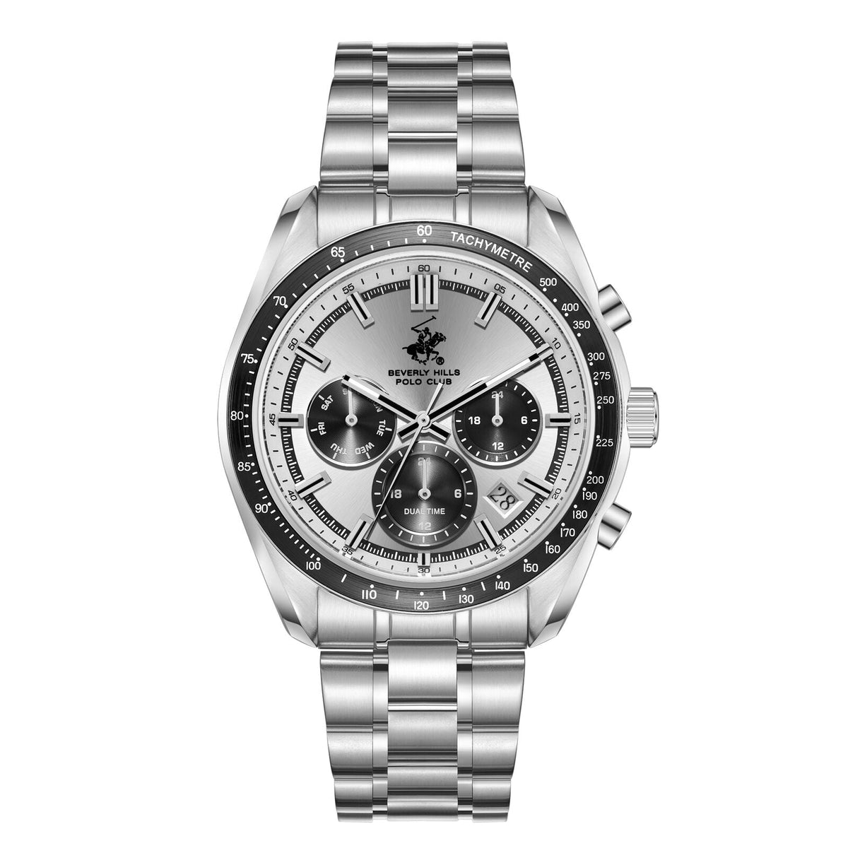 Beverly Hills Polo Club Silver Men's Watch - BP3814X.330 designer watch with a silver bracelet and tachymeter features.