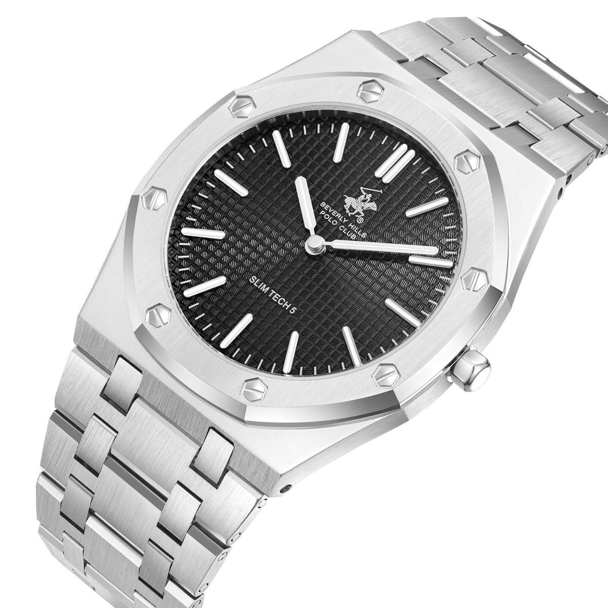 Beverly Hills Polo Club Silver Men's Watch - BP3825X.350 with black dial and stainless steel bracelet.
