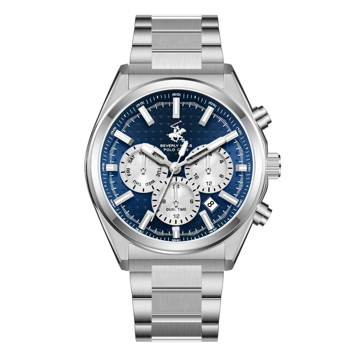 Beverly Hills Polo Club Silver Men's Watch - BP3831X.390 with blue dial and stainless steel bracelet.