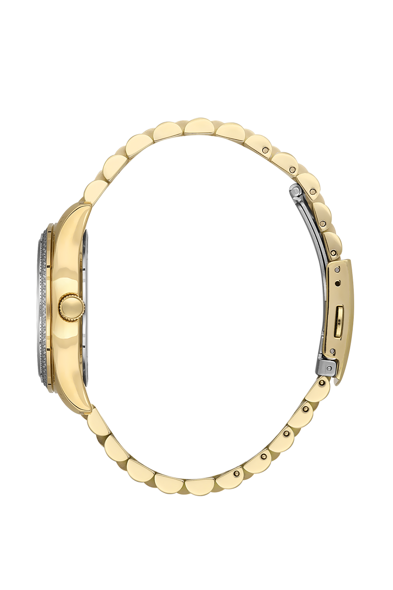 BEVERLY HILLS POLO CLUB Women's 36 MM Gold Analog Stainless Steel Watch – BP3592C.120 side view with elegant bracelet.