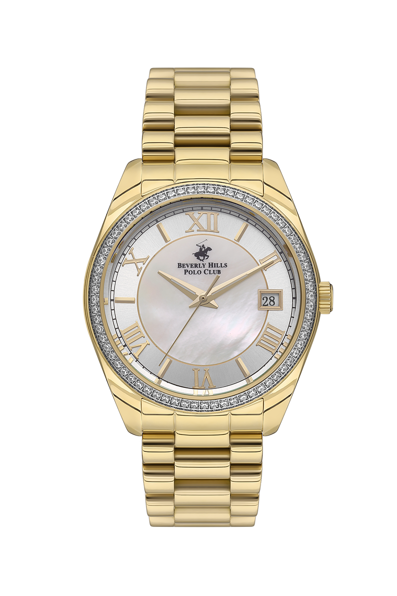 BEVERLY HILLS POLO CLUB Women's 36 MM Gold Analog Stainless Steel Watch – BP3592C.120 with a stylish mother-of-pearl dial.