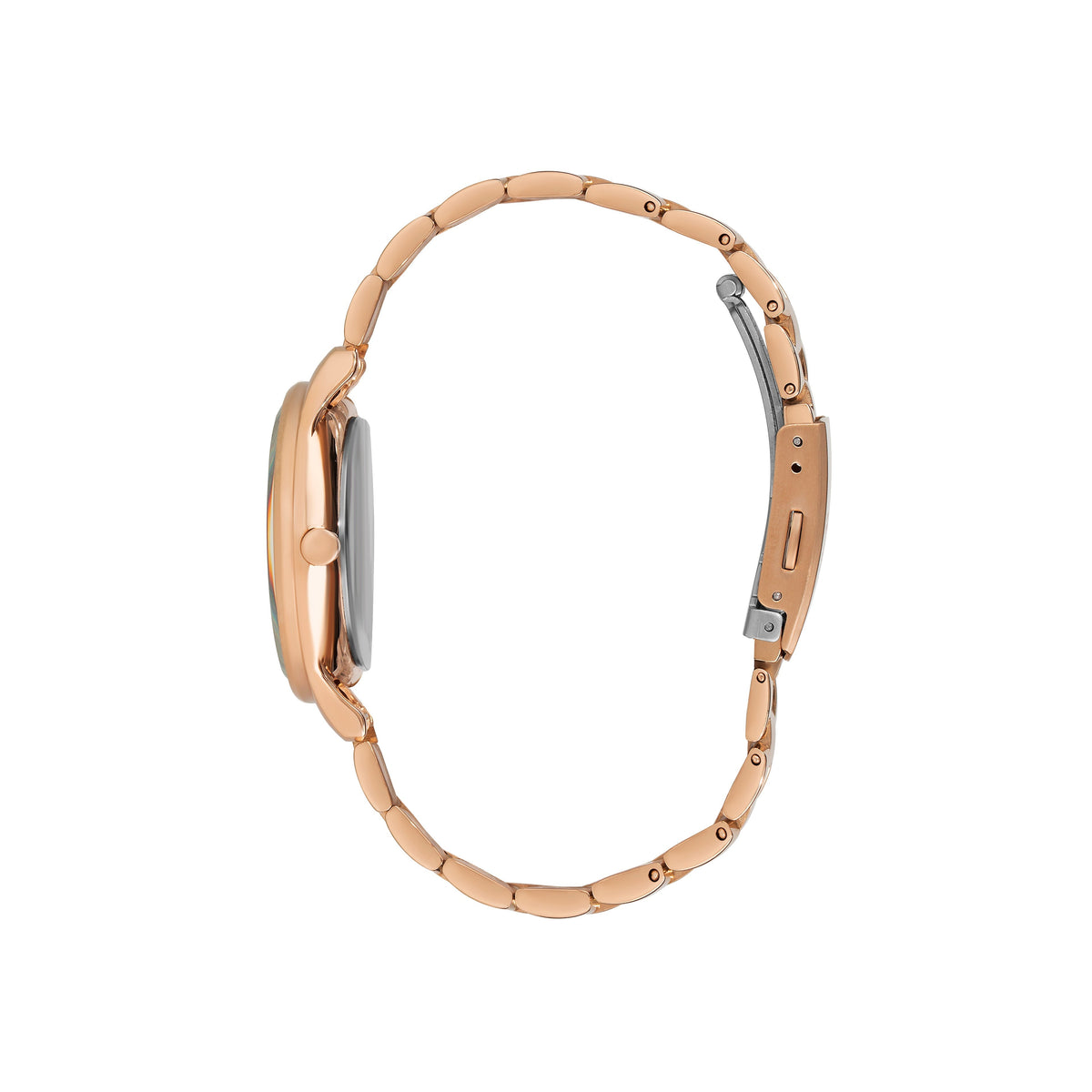 BEVERLY HILLS POLO CLUB Women's Analog Silver Sunray Dial Watch – BP3286X.430 side view with rose gold bracelet