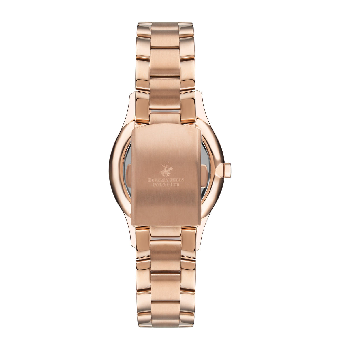BEVERLY HILLS POLO CLUB Women's Analog Silver Sunray Dial Watch – BP3286X.430 back view with luxurious rose gold band.