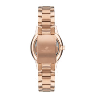 BEVERLY HILLS POLO CLUB Women's Analog Silver Sunray Dial Watch – BP3286X.430 back view with luxurious rose gold band.