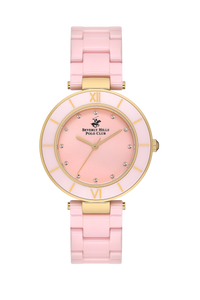 BEVERLY HILLS POLO CLUB Women's Ceramic Quartz Watch – BP3586X.180 in pink with gold accents, perfect for luxury occasions.
