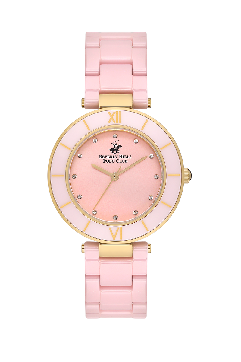 BEVERLY HILLS POLO CLUB Women's Ceramic Quartz Watch – BP3586X.180 in pink with gold accents, perfect for luxury occasions.
