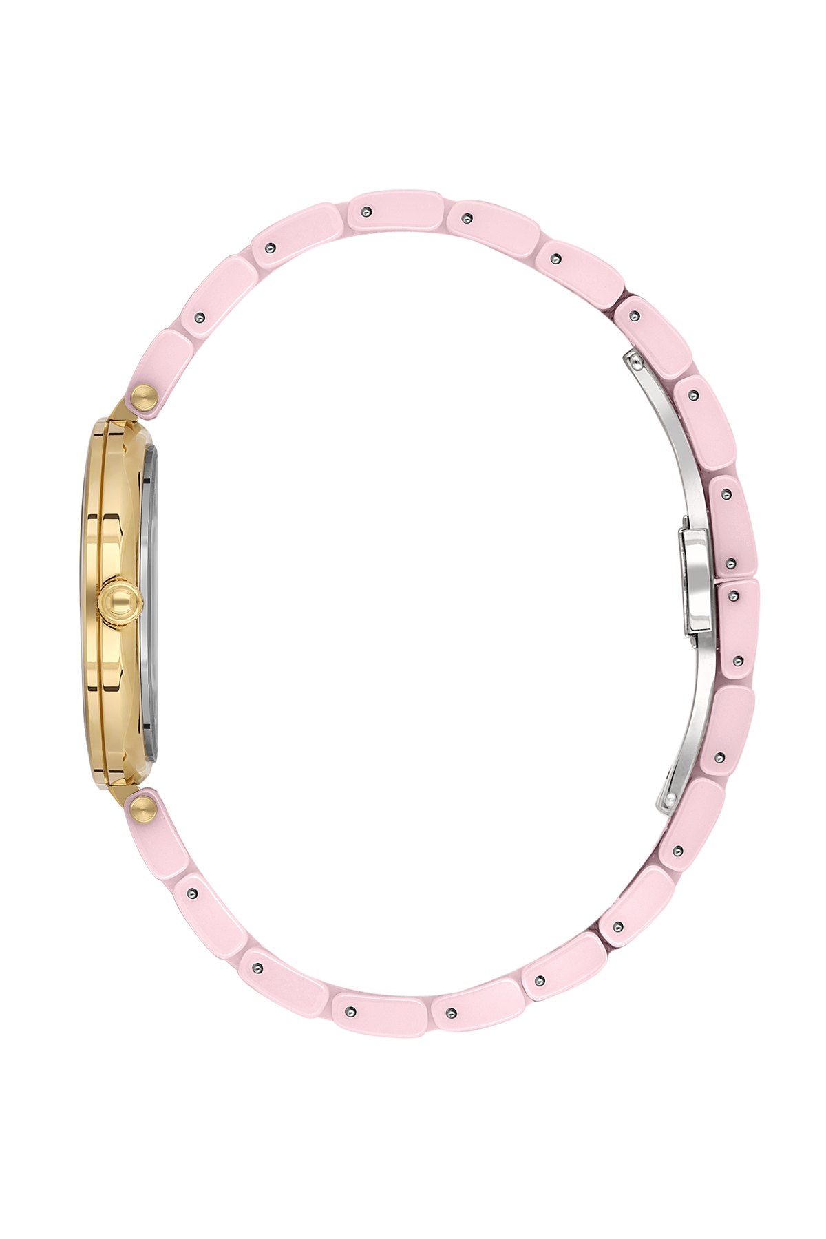 BEVERLY HILLS POLO CLUB Women's Ceramic Quartz Watch – BP3586X.180 side view with pink band and gold accents.