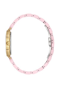 BEVERLY HILLS POLO CLUB Women's Ceramic Quartz Watch – BP3586X.180 side view with pink band and gold accents.